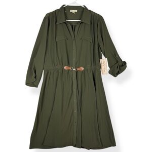Indigo Rose Dress Womens XL Olive Green Button Front Elastic 3/4 Roll Tab Sleeve